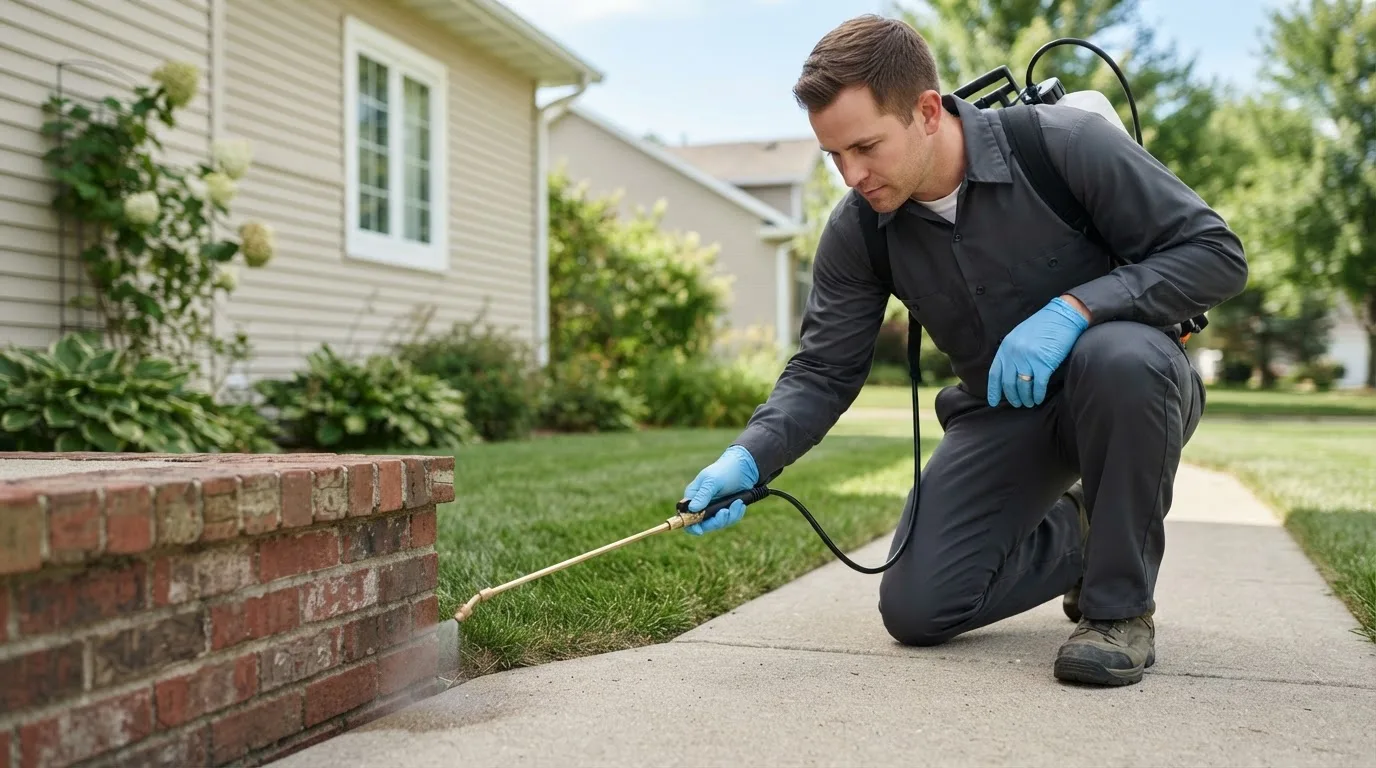 Pest control technician treating a home near Wahpeton, ND